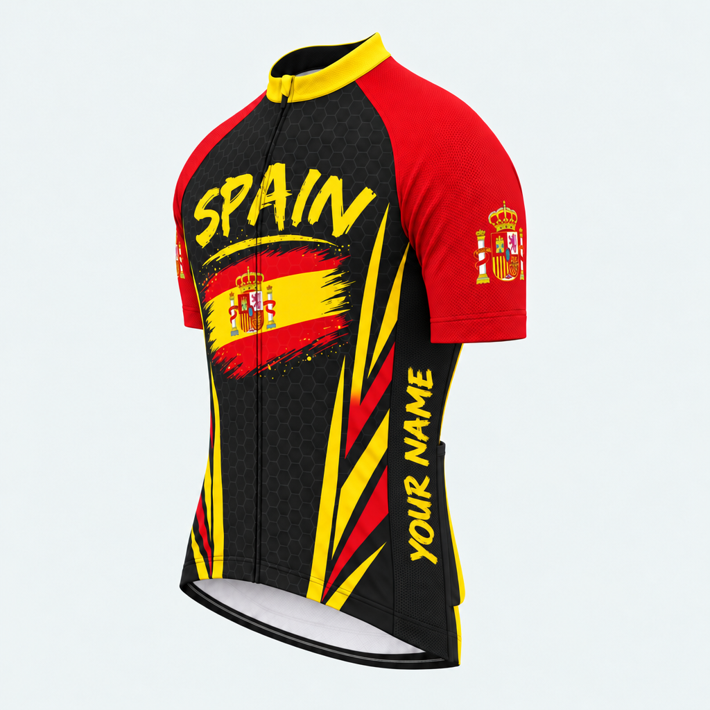 Men's Personalized Short Sleeve Cycling Jersey – Spain Brush Flag - Front 45°