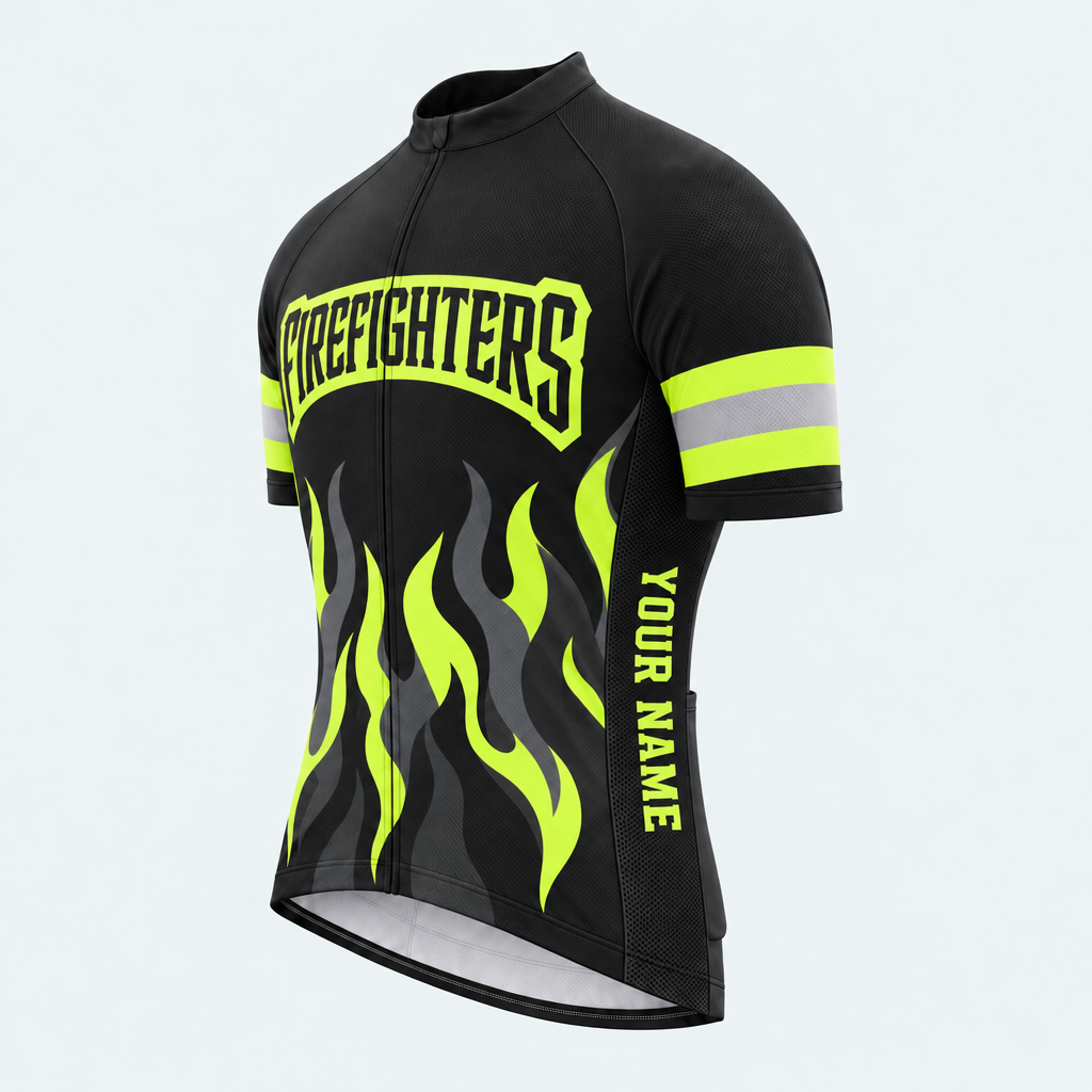 Men's Personalized Short Sleeve Cycling Jersey – US Firefighters Green Flame - Front 45°
