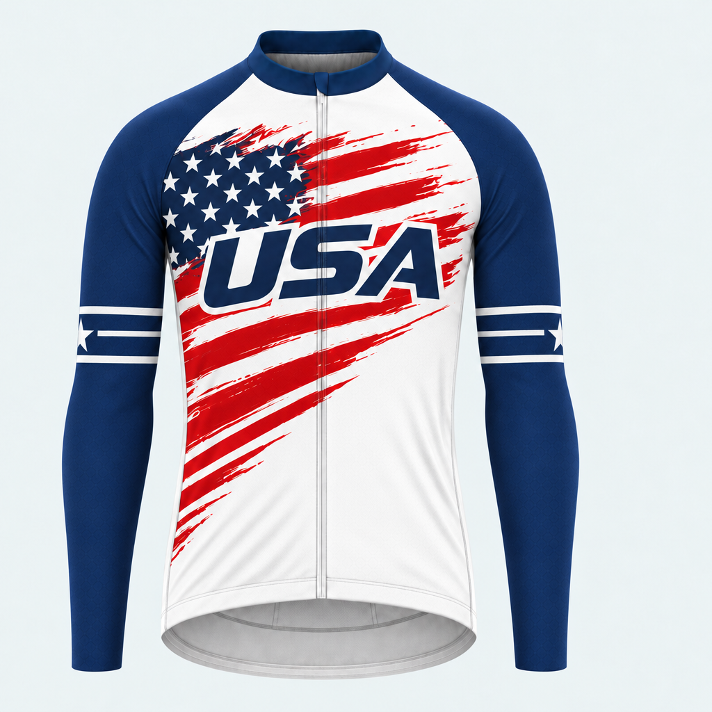 Men's Personalized Long Sleeve Cycling Jersey – US Patriotic Distressed Flag - Front