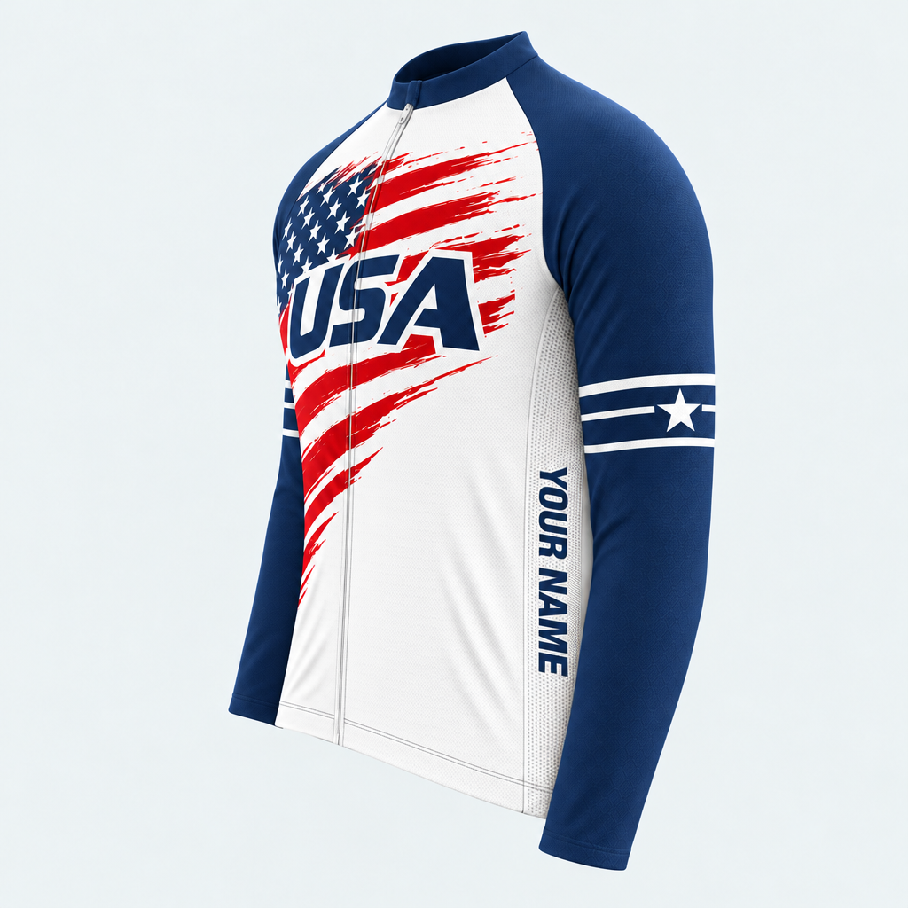 Men's Personalized Long Sleeve Cycling Jersey – US Patriotic Distressed Flag - Side
