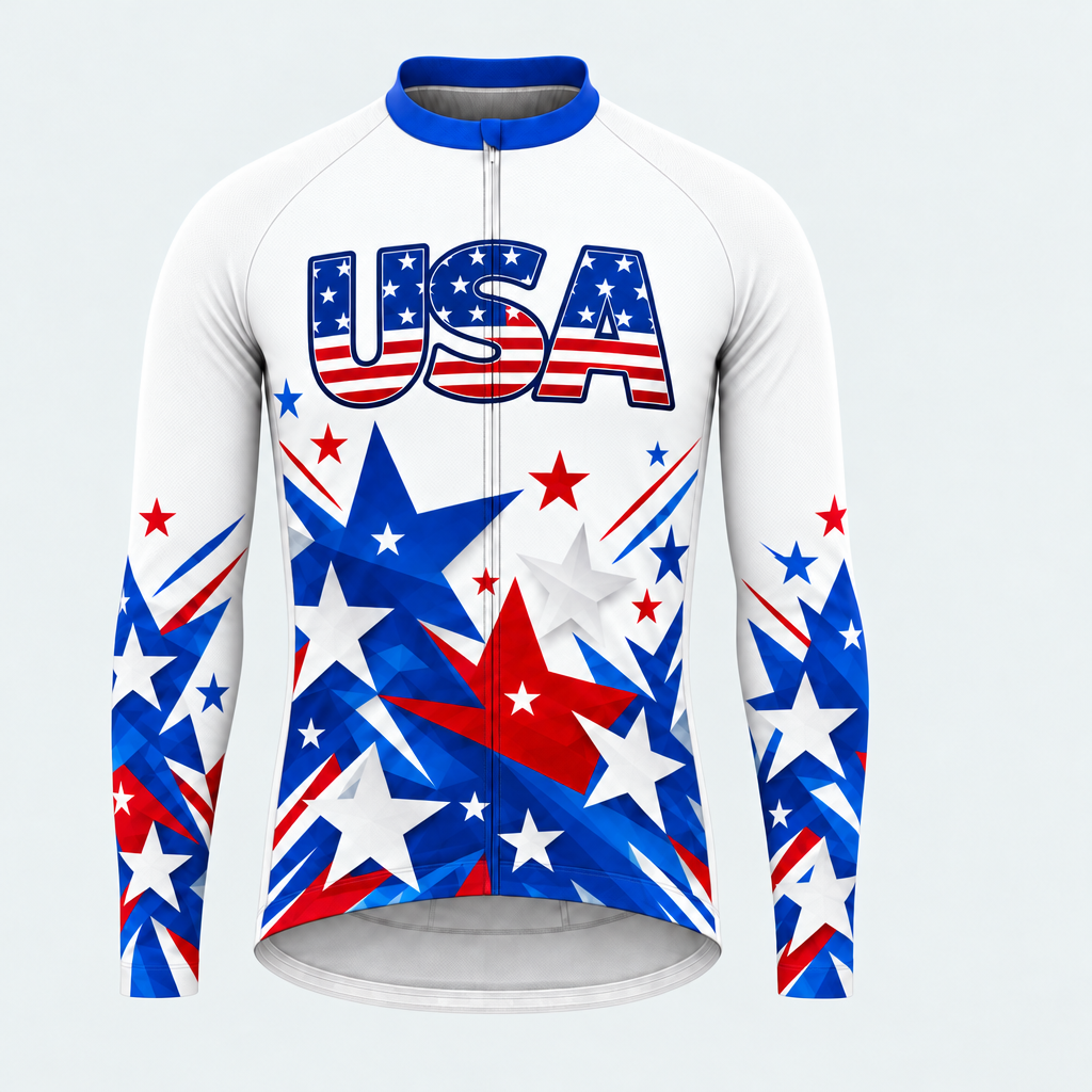 Men's Personalized Long Sleeve Cycling Jersey – US Patriotic Colorful Stars - Front