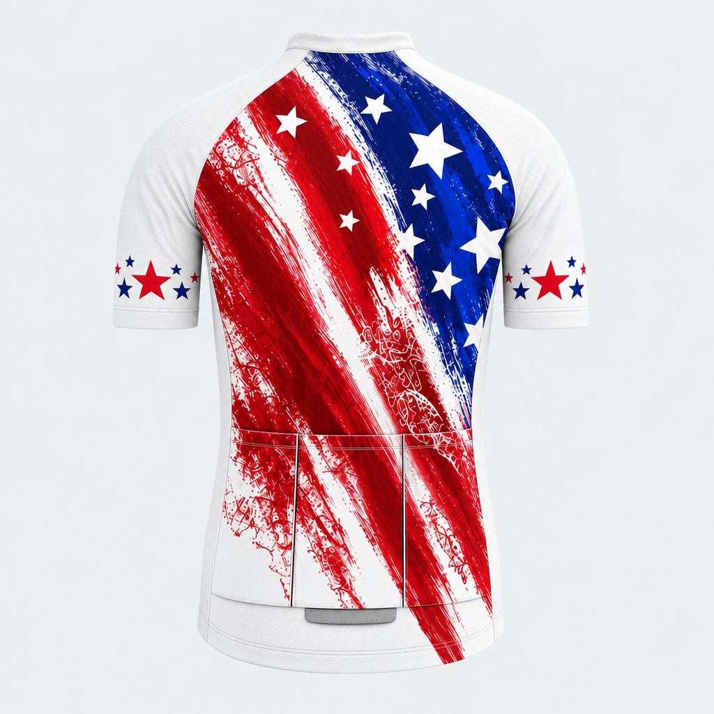 Men's Personalized Short Sleeve Cycling Jersey – US Patriotic Brushstroke Stars and Stripes - Back