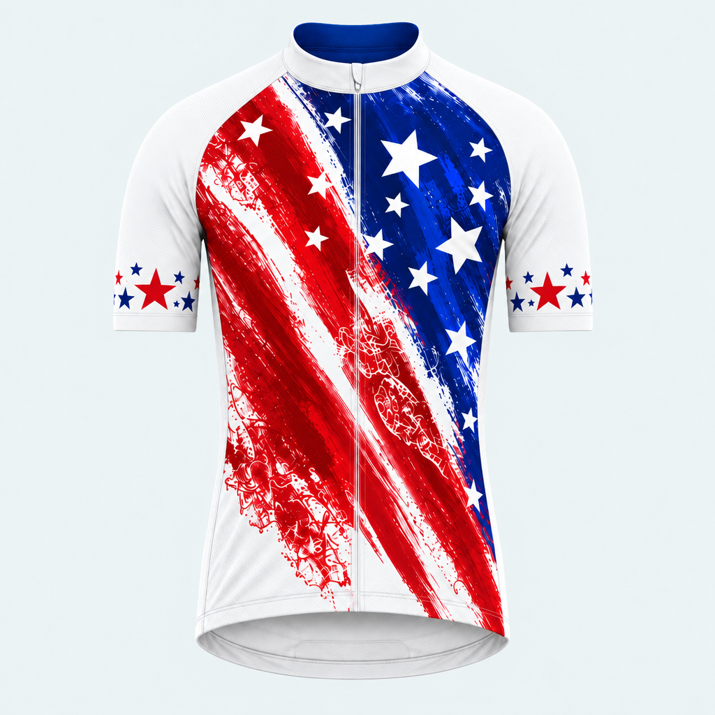 Men's Personalized Short Sleeve Cycling Jersey – US Patriotic Brushstroke Stars and Stripes - Front