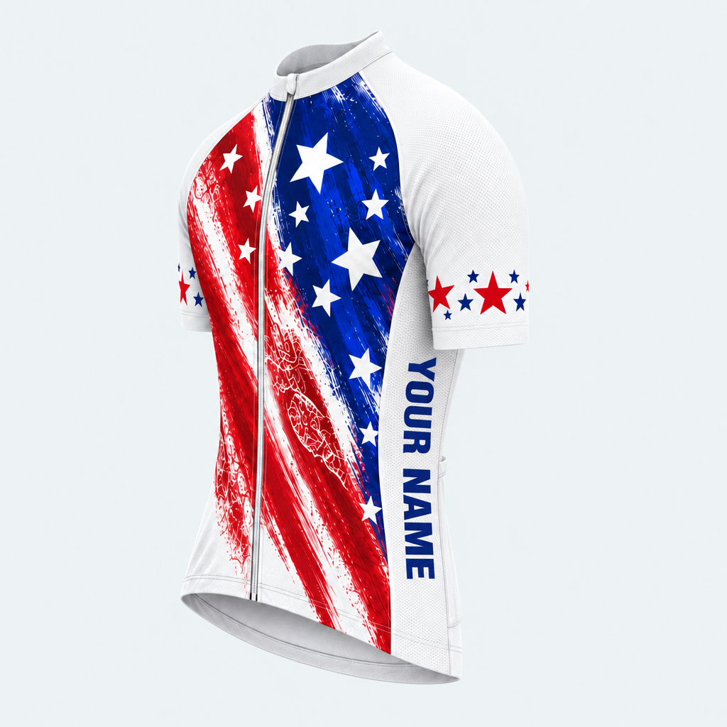 Men's Personalized Short Sleeve Cycling Jersey – US Patriotic Brushstroke Stars and Stripes - Front 45°