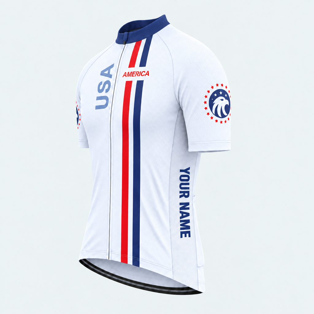 Men's Personalized Short Sleeve Cycling Jersey – US Patriotic USA Eagle Stripes - Front 45°