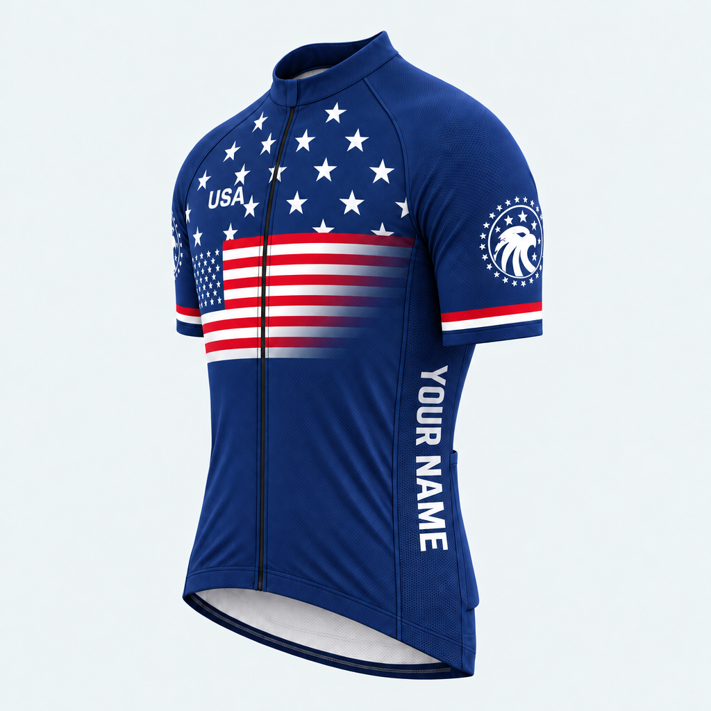 Men's Personalized Short Sleeve Cycling Jersey – US Patriotic Stars & Eagle - Front 45°