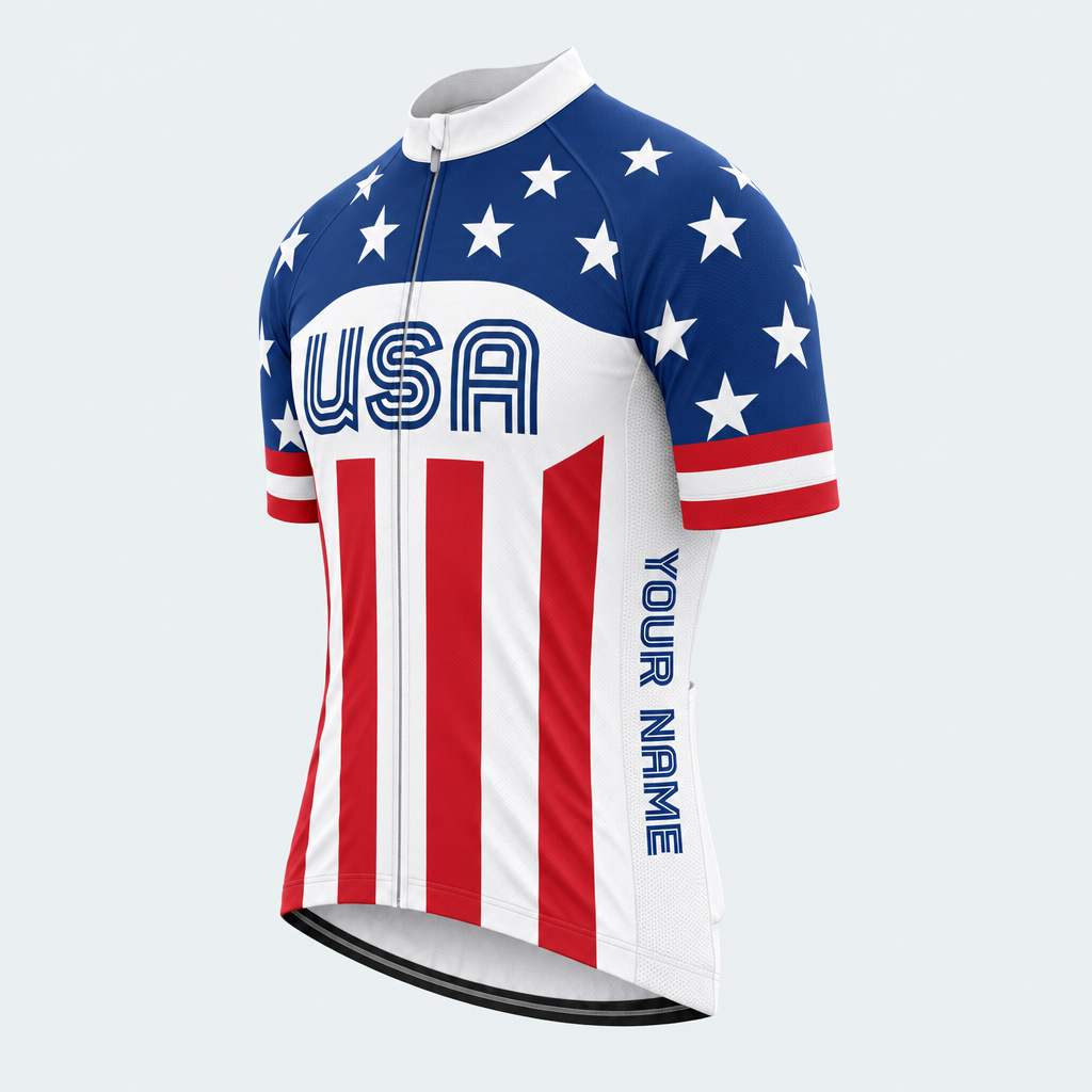 Men's Personalized Short Sleeve Cycling Jersey – US Patriotic Retro Cycling Jersey - Front 45°
