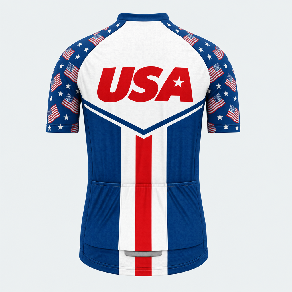 Men's Personalized Short Sleeve Cycling Jersey – US Patriotic Red USA Text - Back