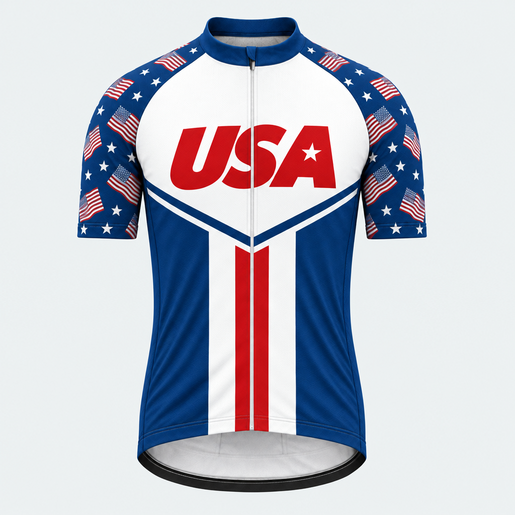 Men's Personalized Short Sleeve Cycling Jersey – US Patriotic Red USA Text - Front