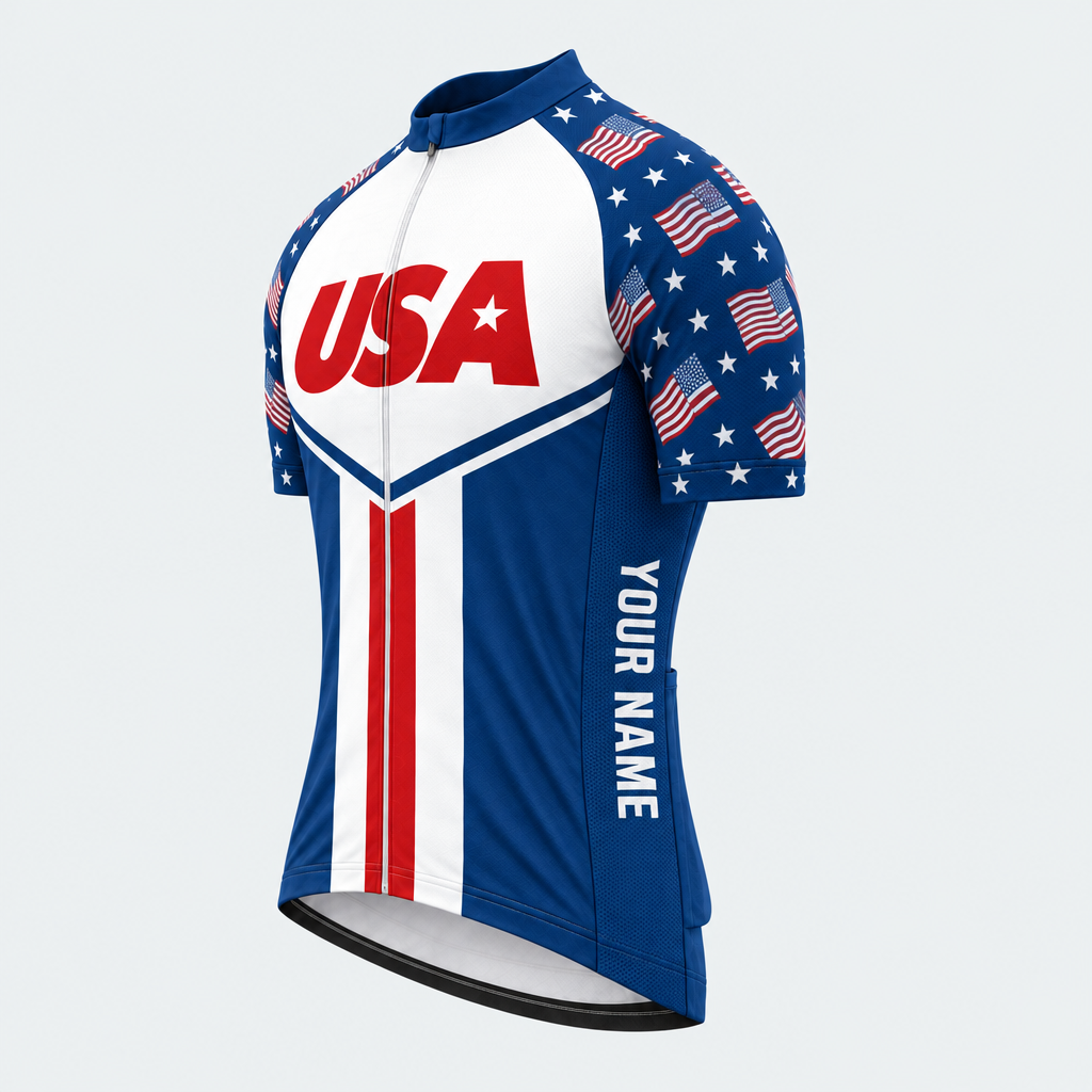 Men's Personalized Short Sleeve Cycling Jersey – US Patriotic Red USA Text - Front 45°