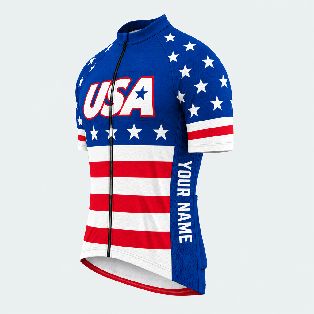 Men's Personalized Short Sleeve Cycling Jersey – US Patriotic American Stars & Stripes - Front 45°