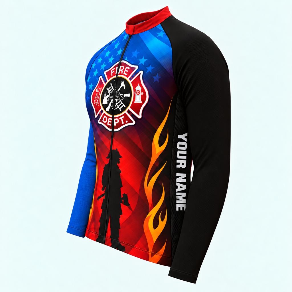 Men's Personalized Long Sleeve Cycling Jersey – US Firefighter Shield - Side