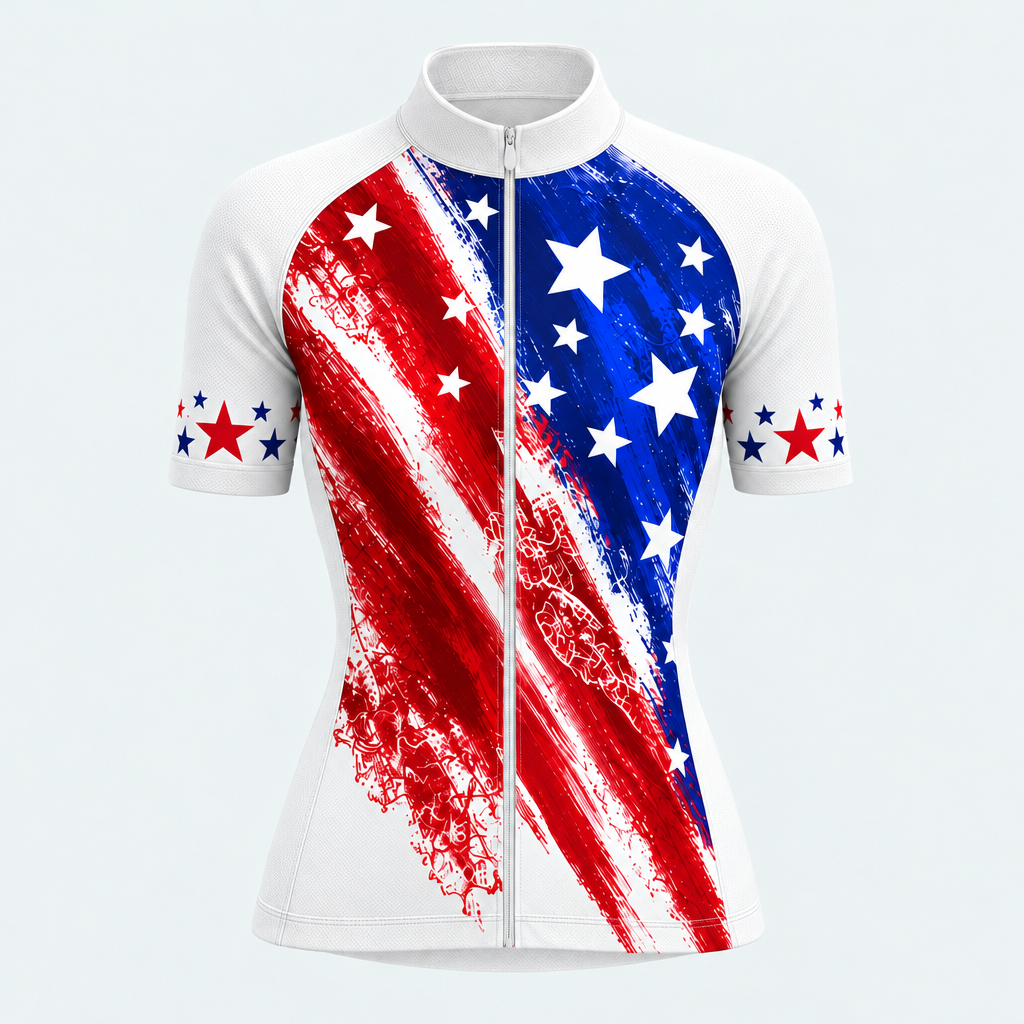 Women's Personalized Short Sleeve Cycling Jersey – US Patriotic Brushstroke Stars and Stripes - Front