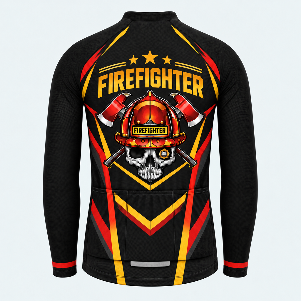 Men's Personalized Long Sleeve Cycling Jersey – US Firefighter Skull And Stripes - Back
