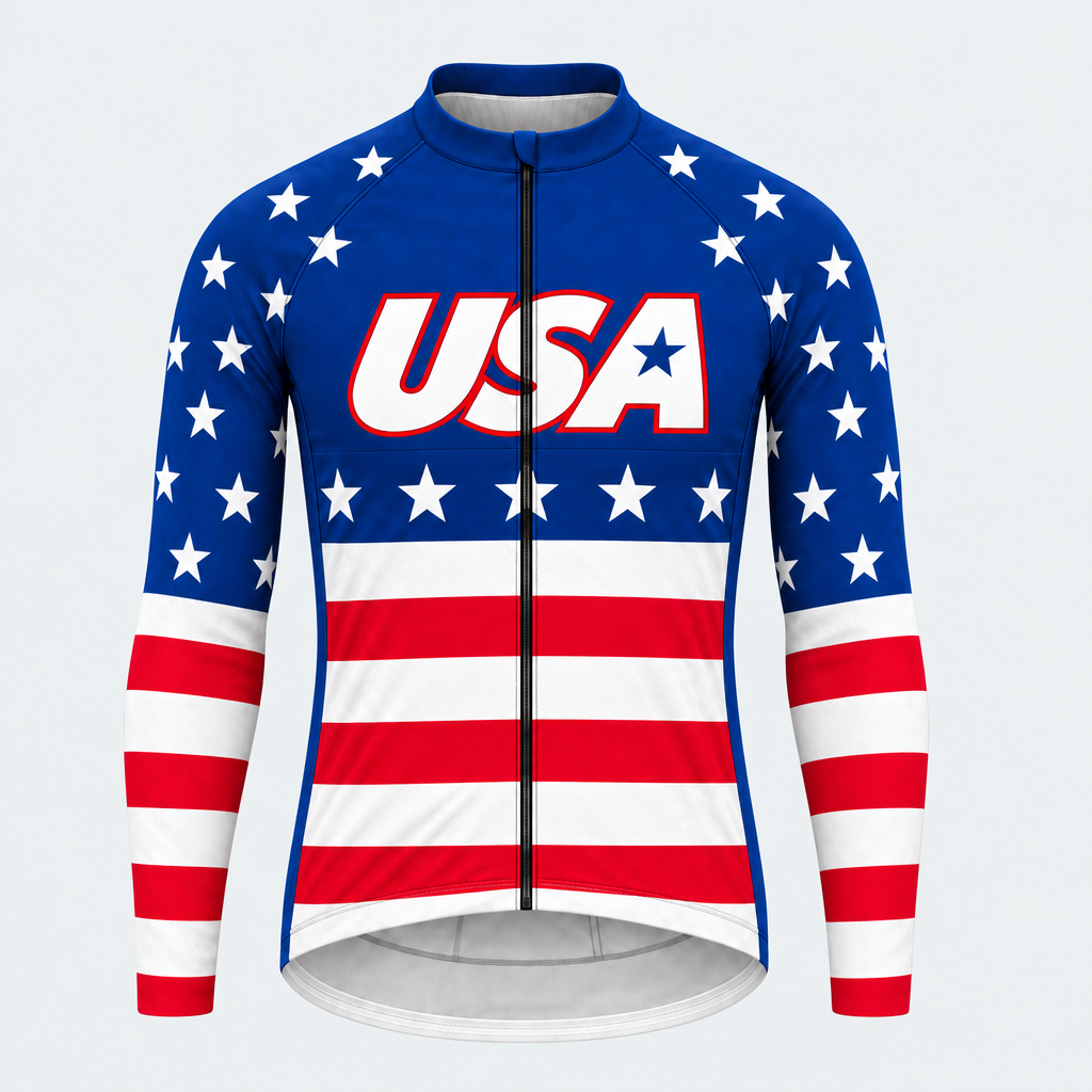 Men's Personalized Long Sleeve Cycling Jersey – US Patriotic American Stars & Stripes - Front