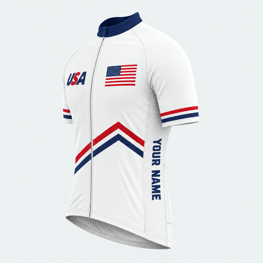 Men's Personalized Short Sleeve Cycling Jersey – US Patriotic Chevron Stripes - Front 45°
