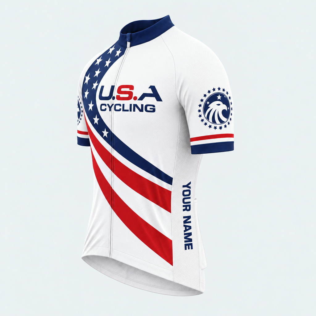 Men's Personalized Short Sleeve Cycling Jersey – US Patriotic USA Cycling - Front 45°