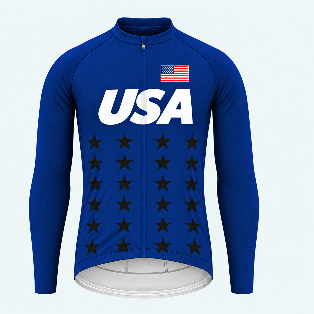 Men's Personalized Long Sleeve Cycling Jersey – US Patriotic USA Black Stars - Front