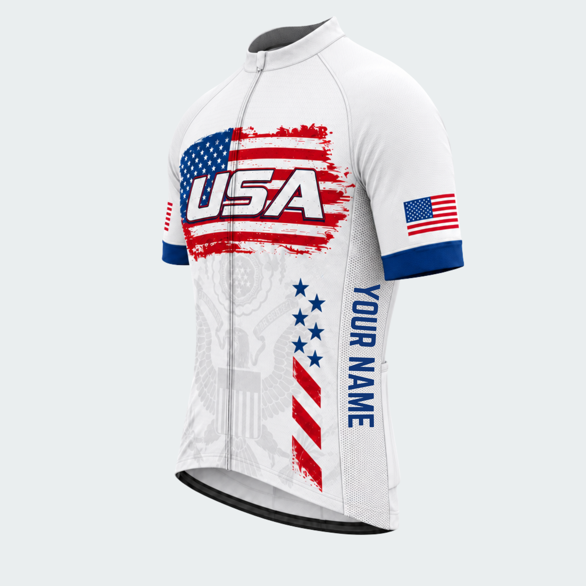 Men's Personalized Short Sleeve Cycling Jersey – US Patriotic Brush Flag - Front 45°
