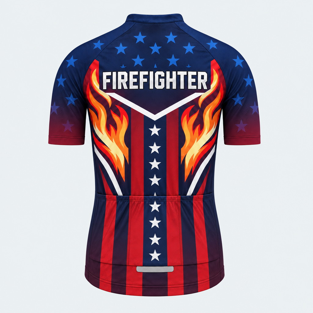 Men's Personalized Short Sleeve Cycling Jersey – US Firefighter Flame And Stars - Back
