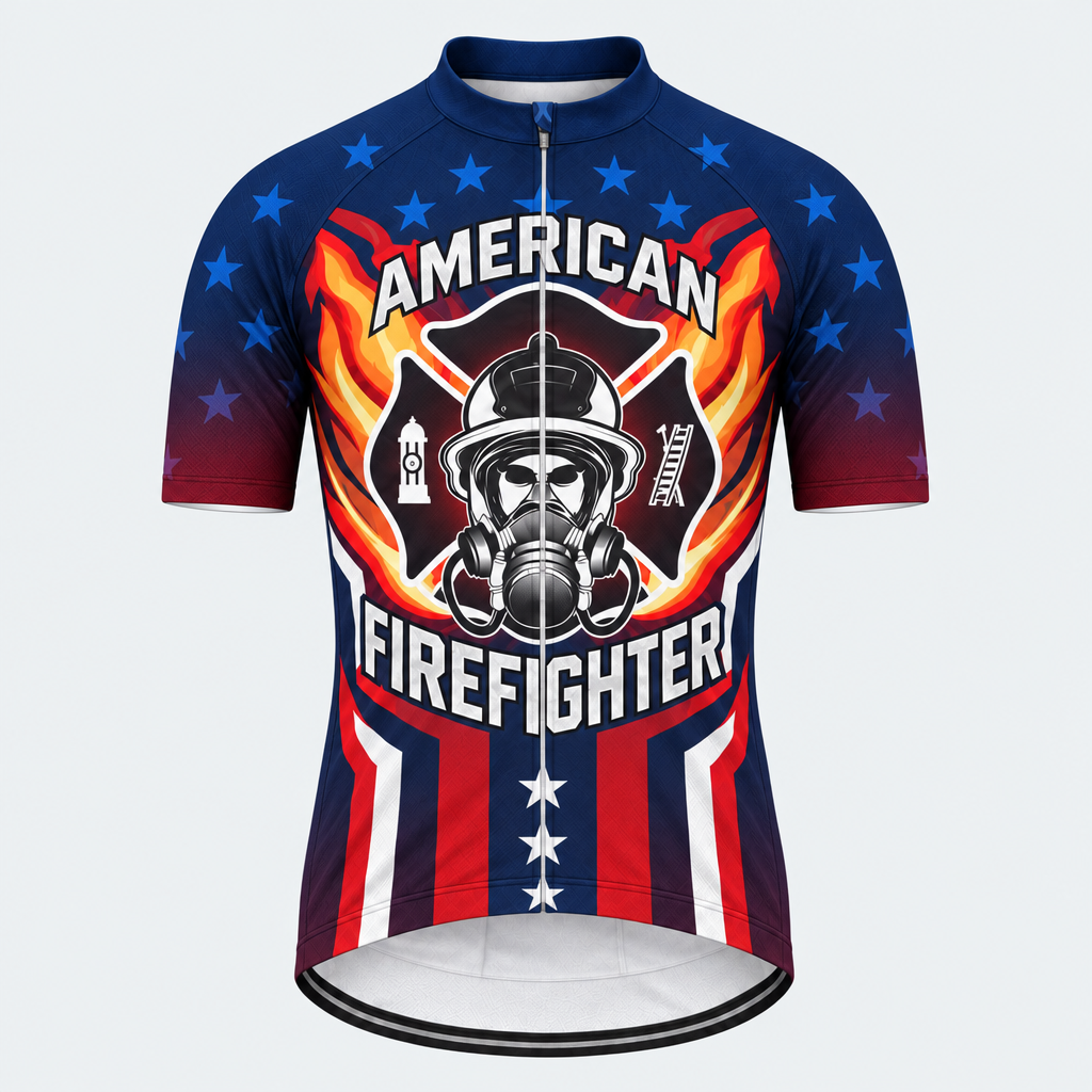 Men's Personalized Short Sleeve Cycling Jersey – US Firefighter Flame And Stars - Front