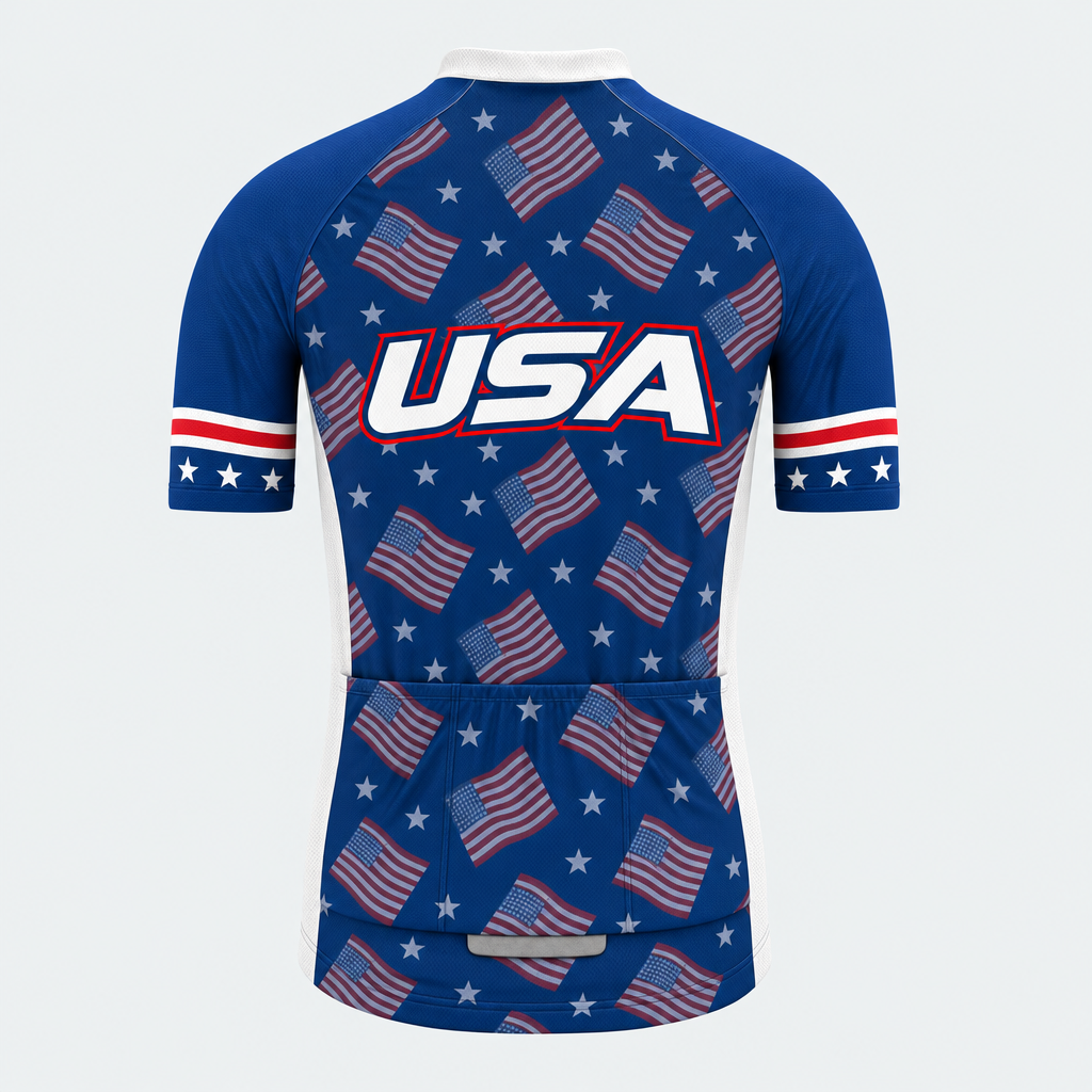 Men's Personalized Short Sleeve Cycling Jersey – US Patriotic Repeated Flags - Back
