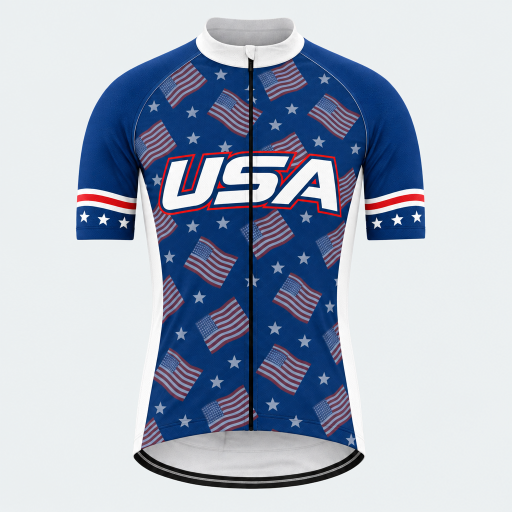 Men's Personalized Short Sleeve Cycling Jersey – US Patriotic Repeated Flags - Front
