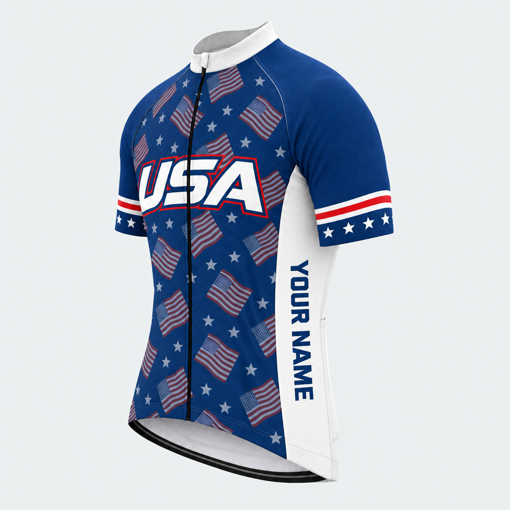 Men's Personalized Short Sleeve Cycling Jersey – US Patriotic Repeated Flags - Front 45°