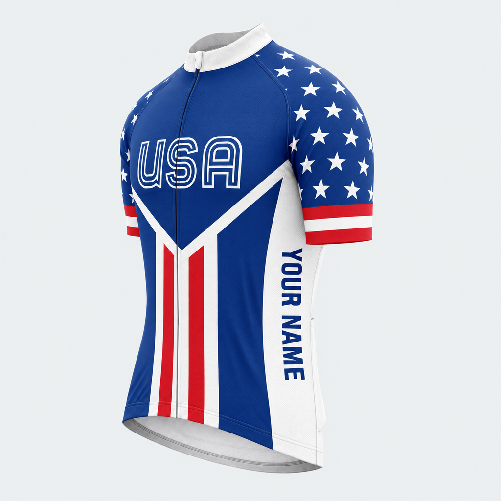 Men's Personalized Short Sleeve Cycling Jersey – US Patriotic Retro USA Cycling Jersey - Front 45°