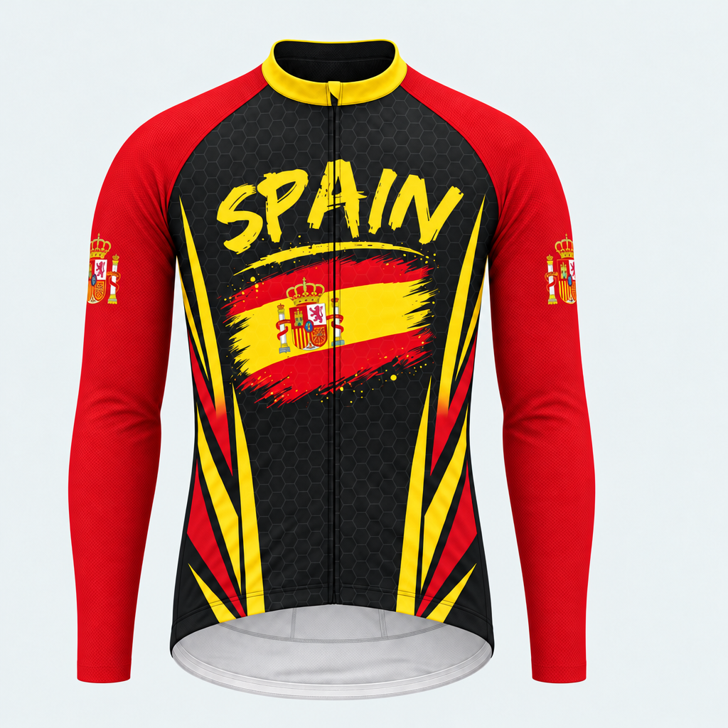 Men's Personalized Long Sleeve Cycling Jersey – Spain Brush Flag - Front