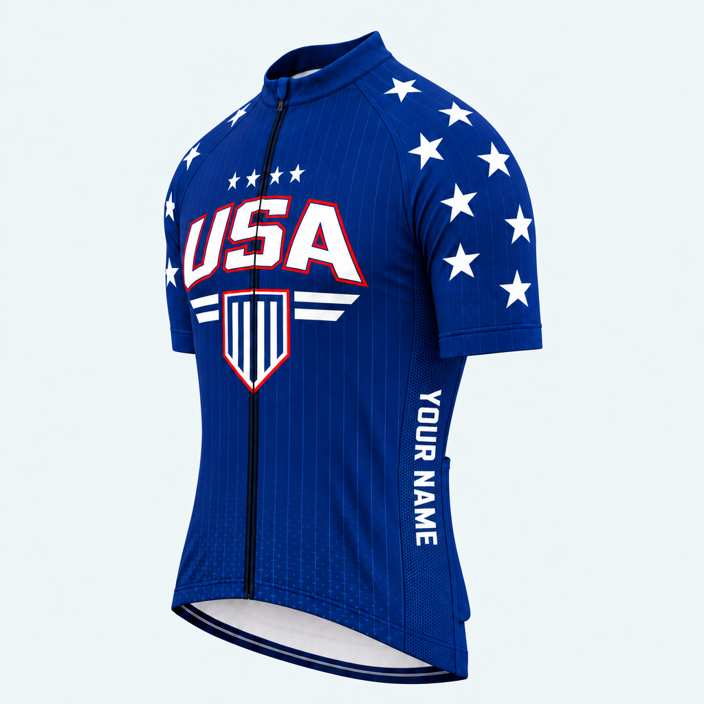 Men's Personalized Short Sleeve Cycling Jersey – US Patriotic Stars & Shield - Front 45°