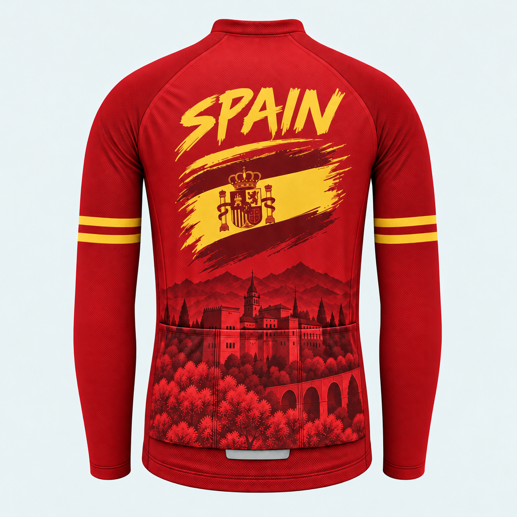 Men's Personalized Long Sleeve Cycling Jersey – Spain Bold Brush - Back