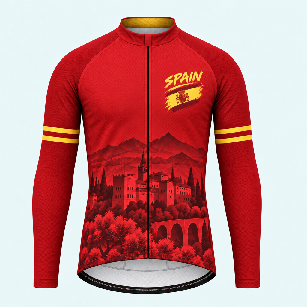 Men's Personalized Long Sleeve Cycling Jersey – Spain Bold Brush - Front