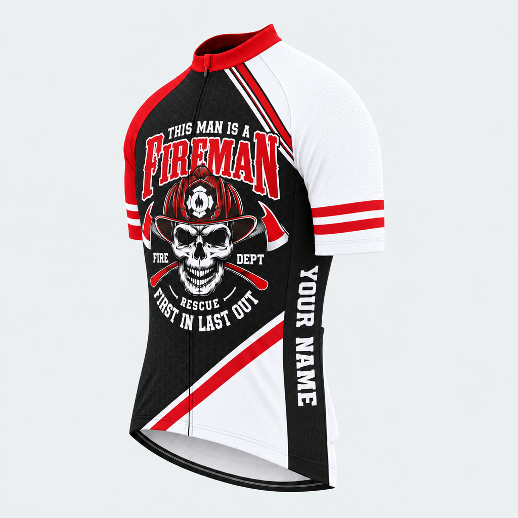 Men's Personalized Short Sleeve Cycling Jersey – US Firefighter First In Last Out - Front 45°