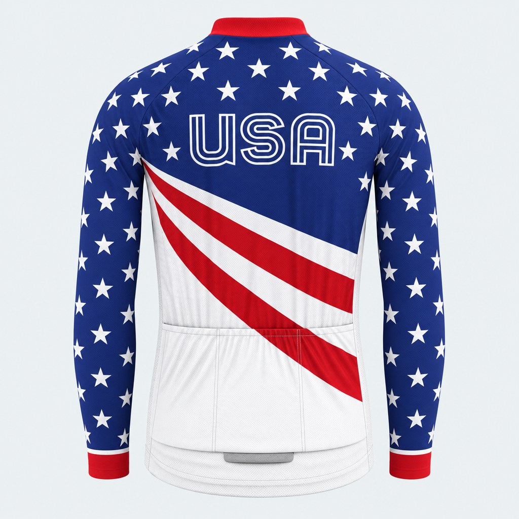Men's Personalized Long Sleeve Cycling Jersey – US Patriotic Retro Wording & Stripes - Back