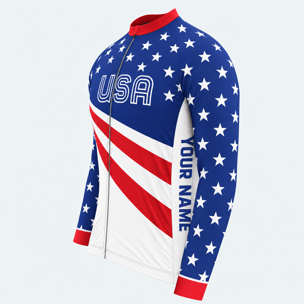 Men's Personalized Long Sleeve Cycling Jersey – US Patriotic Retro Wording & Stripes - Side