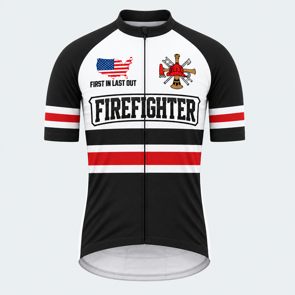 Men's Personalized Short Sleeve Cycling Jersey – US Firefighter First In Last Out - Front