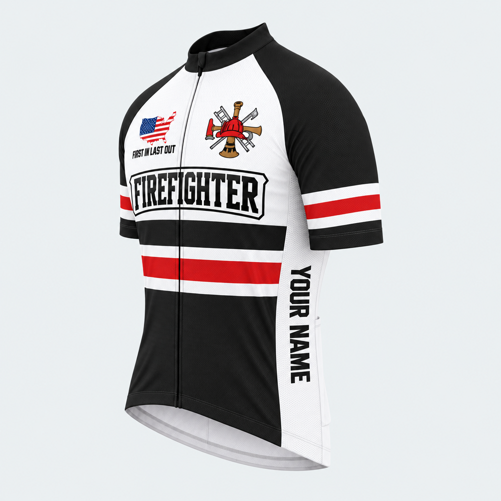 Men's Personalized Short Sleeve Cycling Jersey – US Firefighter First In Last Out - Front 45°