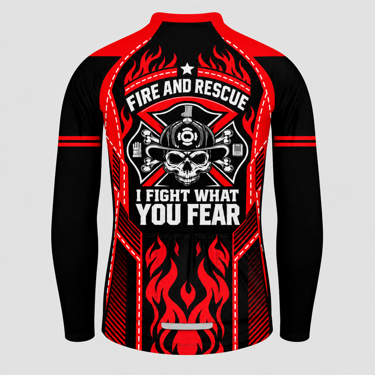Men's Personalized Long Sleeve Cycling Jersey – Firefighter Fire and Rescue Inferno Skull - Back