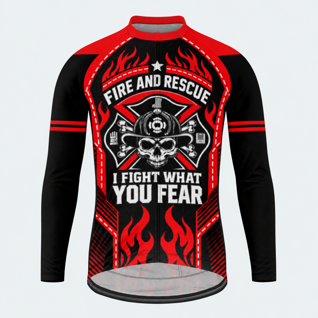 Men's Personalized Long Sleeve Cycling Jersey – Firefighter Fire and Rescue Inferno Skull - Front