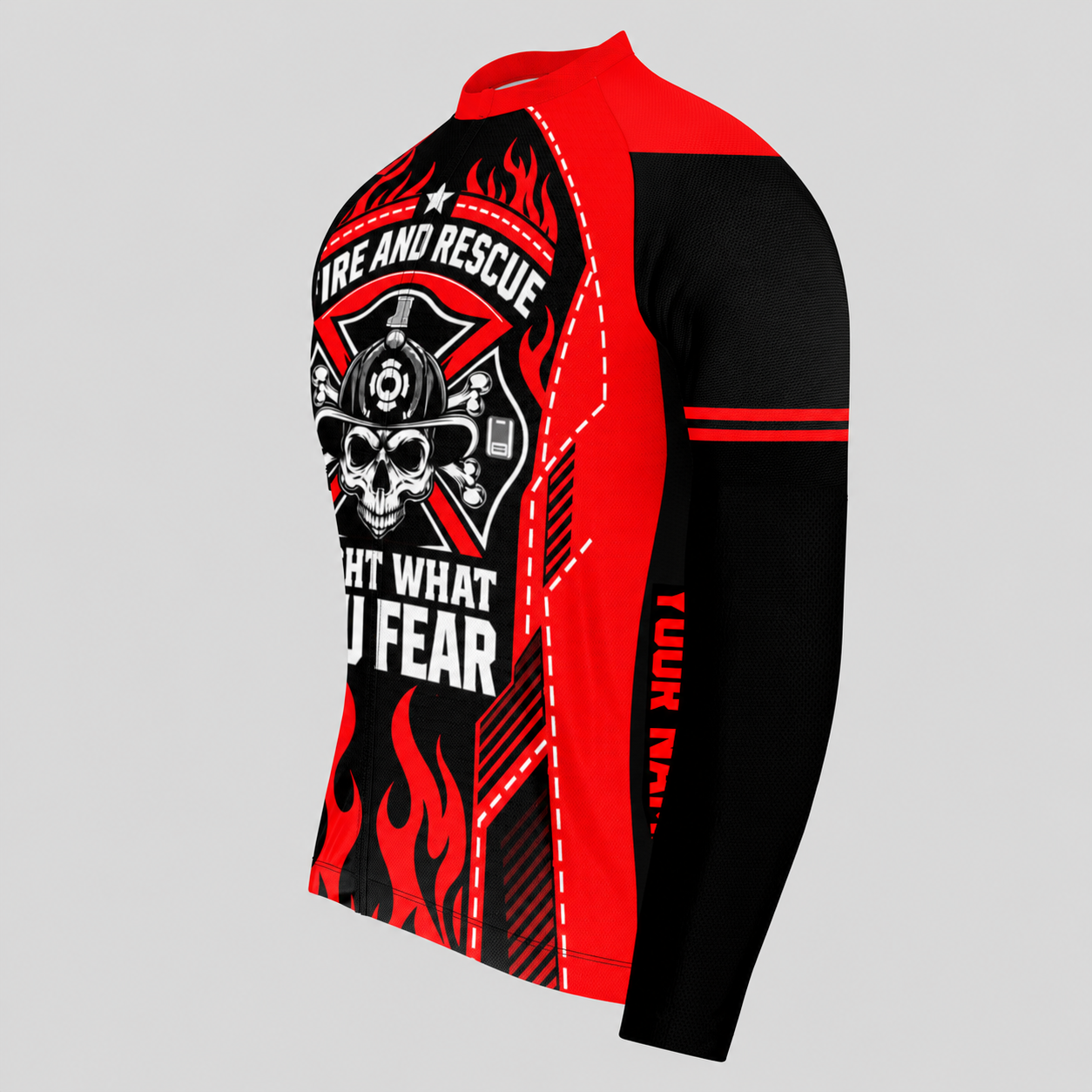 Men's Personalized Long Sleeve Cycling Jersey – Firefighter Fire and Rescue Inferno Skull - Side