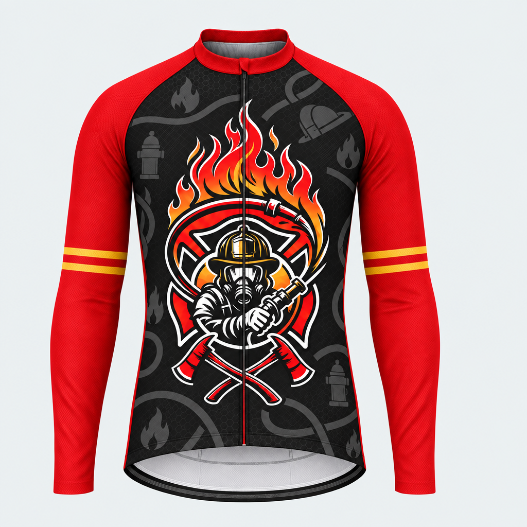 Men's Personalized Long Sleeve Cycling Jersey – US Firefighter Flame Cross - Front