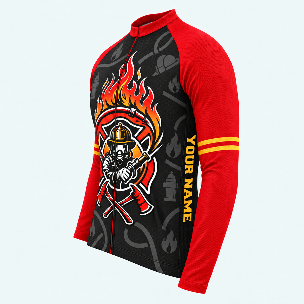 Men's Personalized Long Sleeve Cycling Jersey – US Firefighter Flame Cross - Side