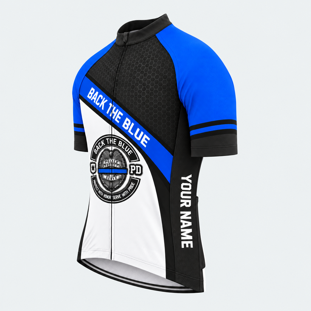 Men's Personalized Short Sleeve Cycling Jersey – Police Back the Blue Badge - Front 45°