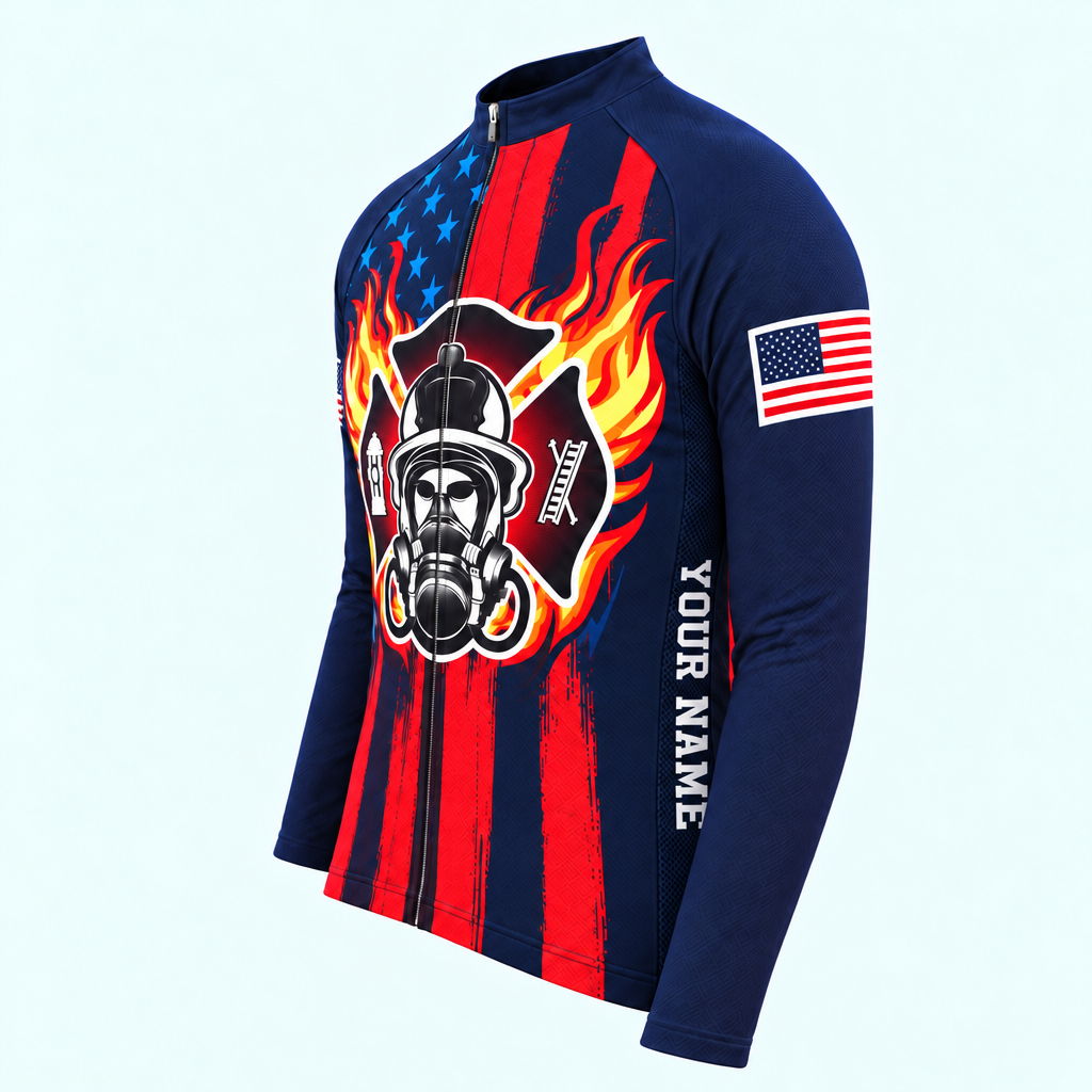 Men's Personalized Long Sleeve Cycling Jersey – US Firefighter Silhouette - Side