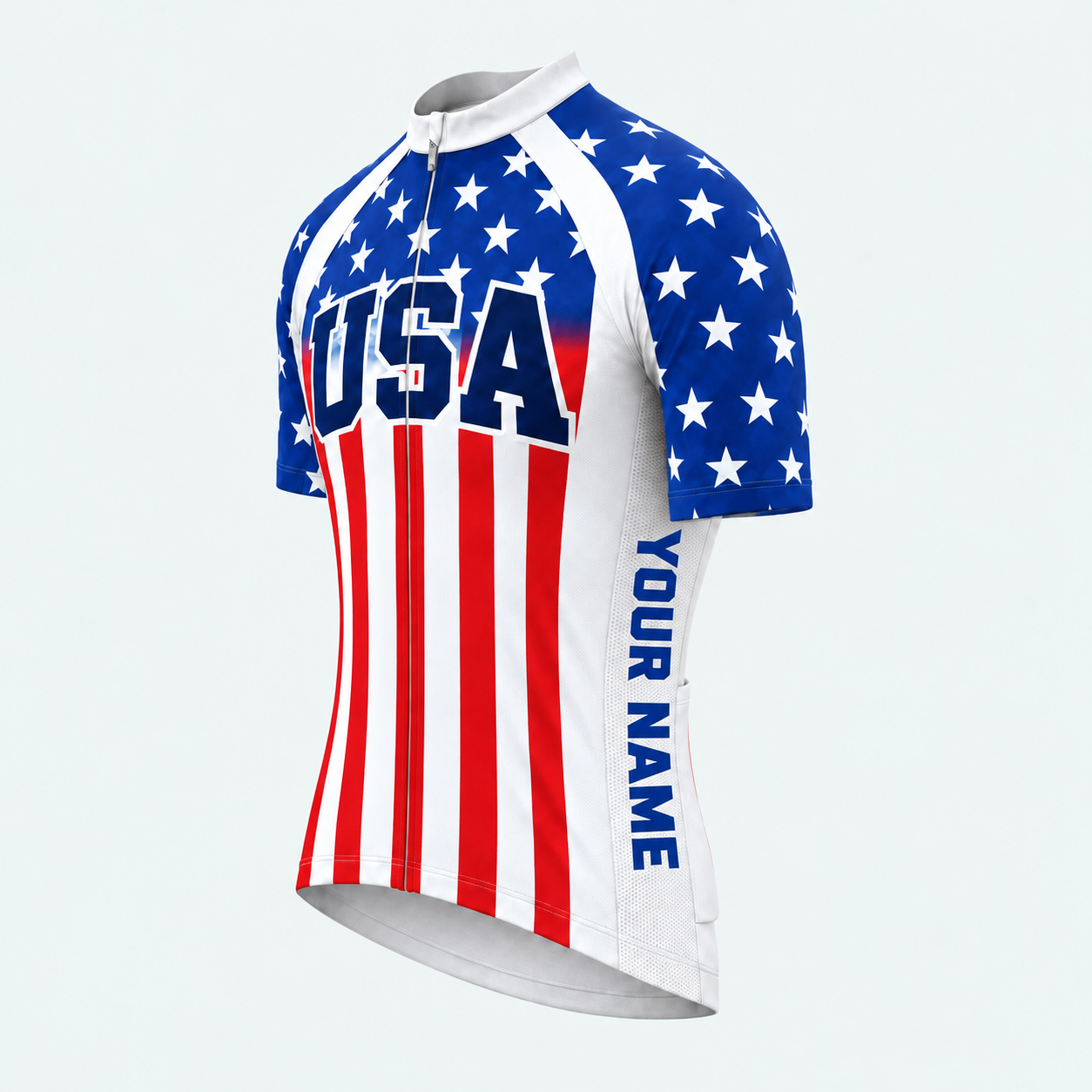 Men's Personalized Short Sleeve Cycling Jersey – US Patriotic Flag Stripes - Front 45°