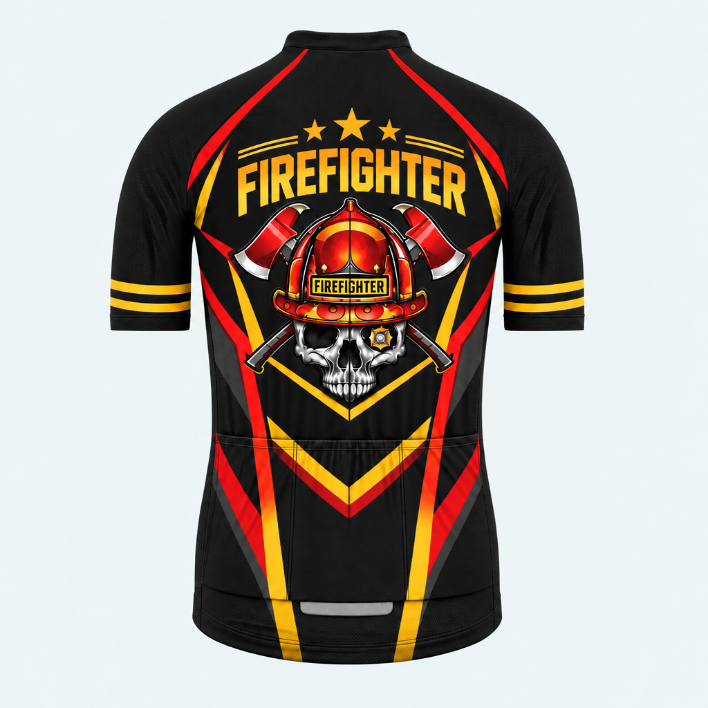 Men's Personalized Short Sleeve Cycling Jersey – US Firefighter Skull And Stripes - Back