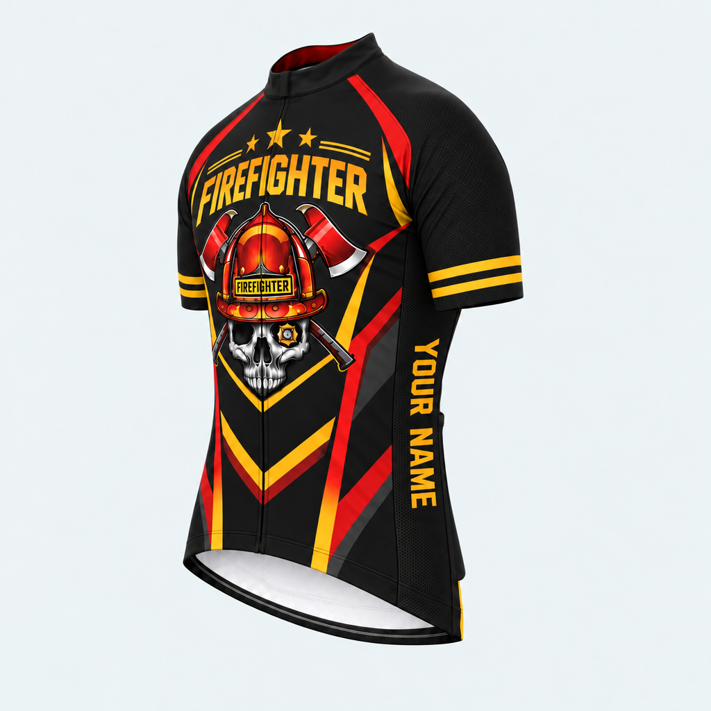 Men's Personalized Short Sleeve Cycling Jersey – US Firefighter Skull And Stripes - Front 45°