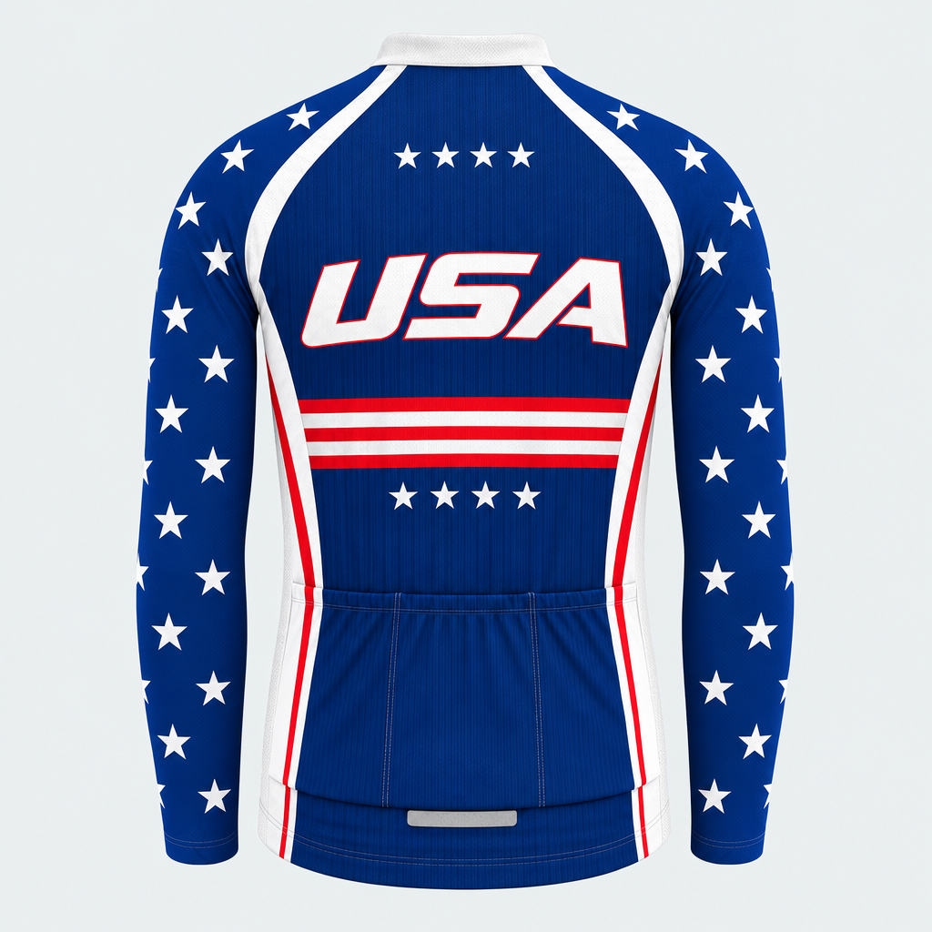 Men's Personalized Long Sleeve Cycling Jersey – US Patriotic USA Stars and Stripes - Back