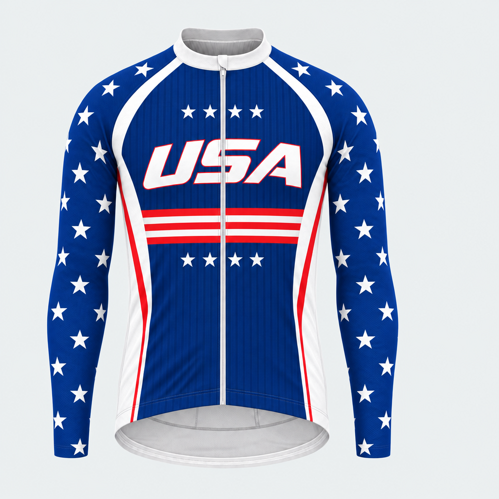 Men's Personalized Long Sleeve Cycling Jersey – US Patriotic USA Stars and Stripes - Front